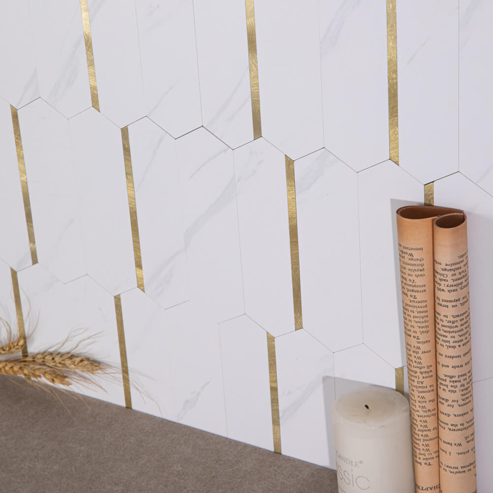 Peel and Stick Backsplash Tile Hexagon PVC White Marble with Gold Metal 5-Sheet
