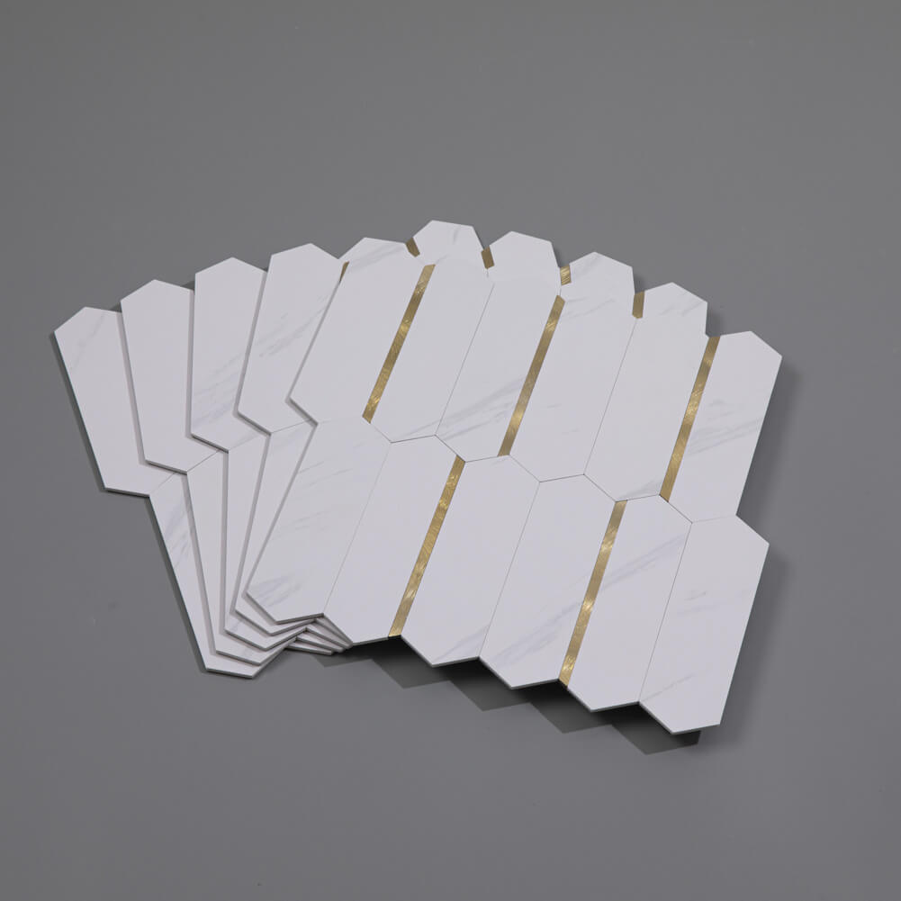 Peel and Stick Backsplash Tile Hexagon PVC White Marble with Gold Metal 5-Sheet