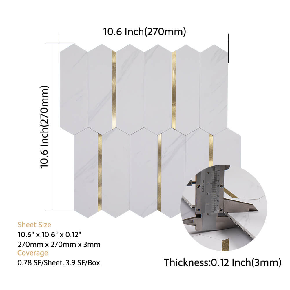 Peel and Stick Backsplash Tile Hexagon PVC White Marble with Gold Metal 5-Sheet