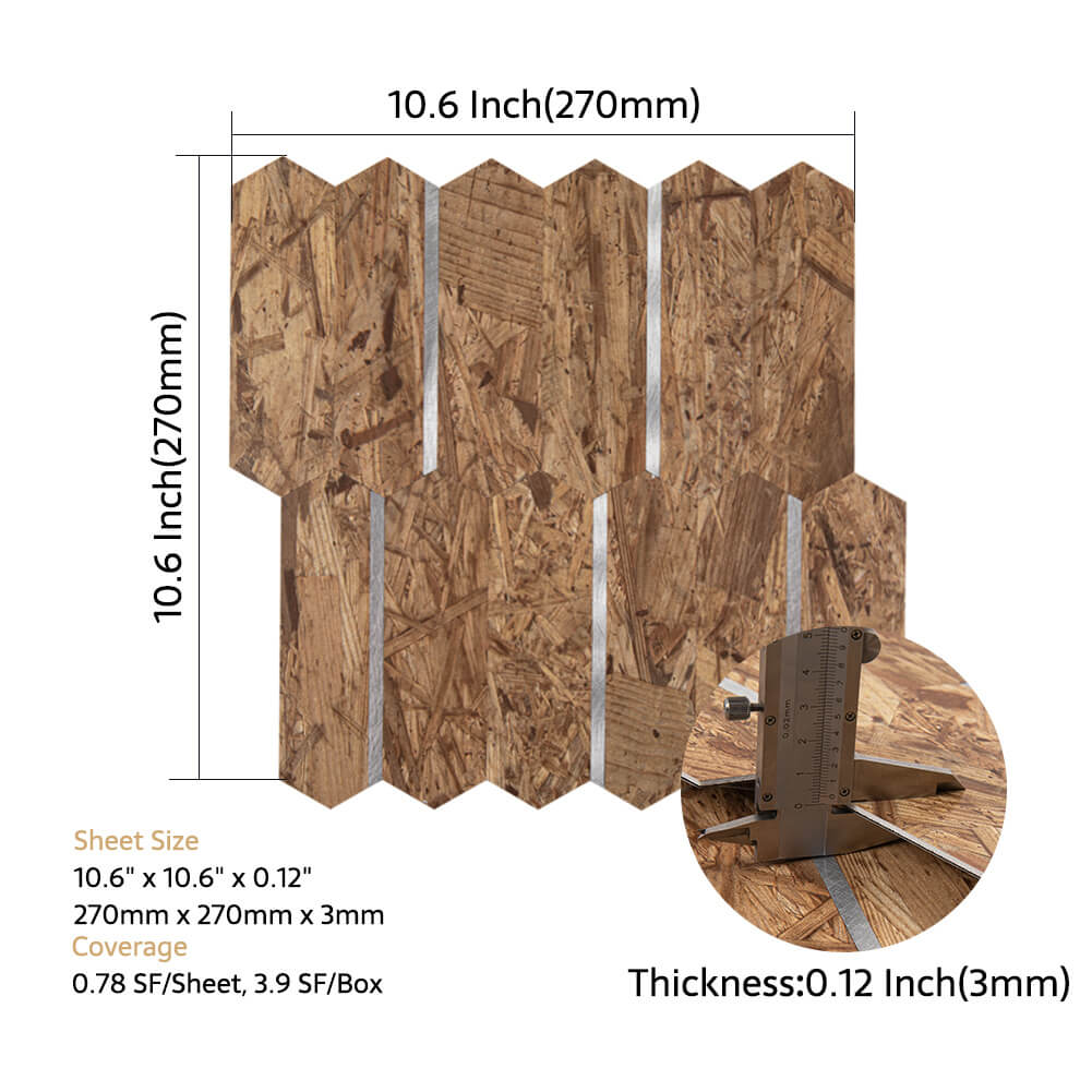 Peel and Stick Backsplash Tile Hexagon PVC Brown Wood Pattern with Gold Metal 5-Sheet