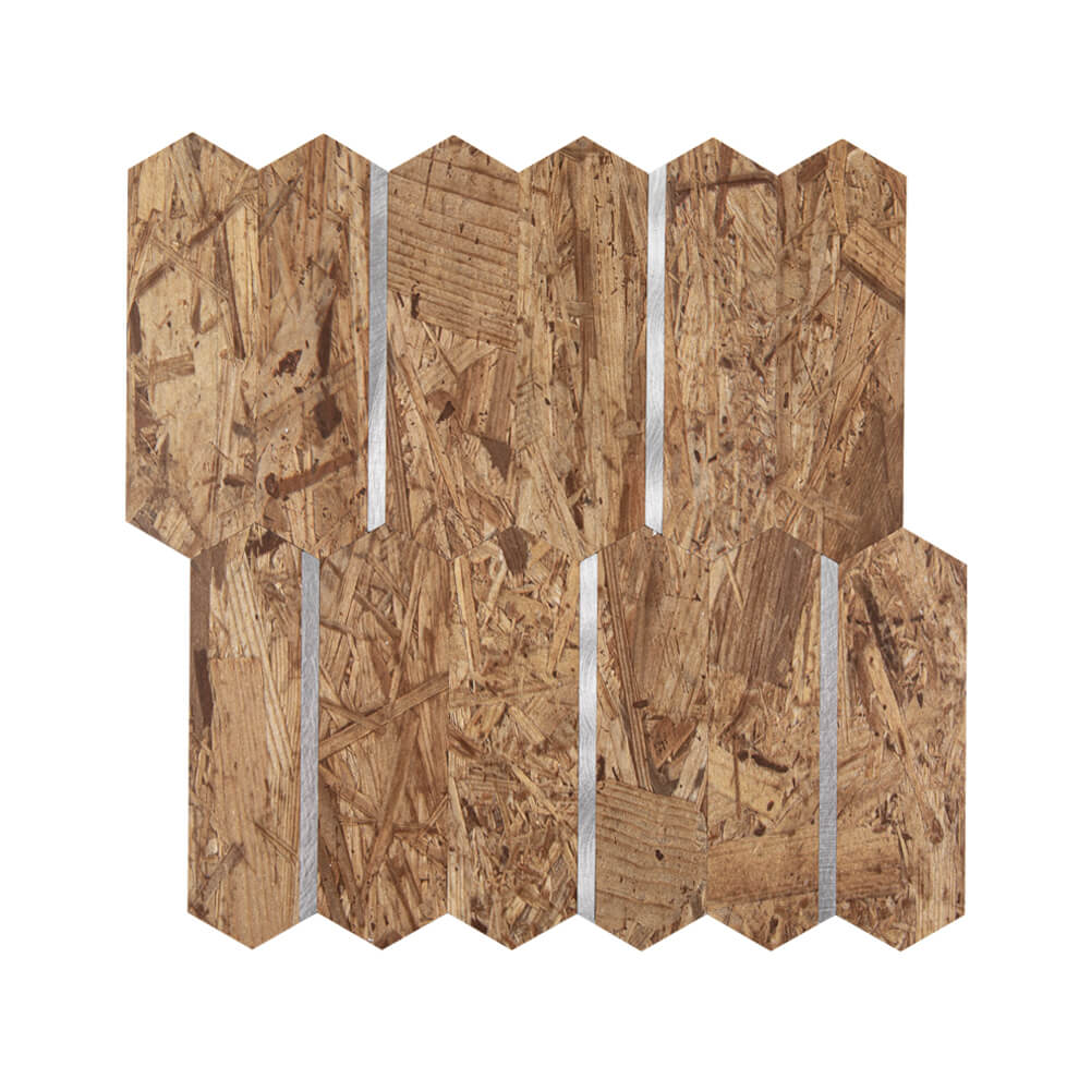 Peel and Stick Backsplash Tile Hexagon PVC Brown Wood Pattern with Gold Metal 5-Sheet