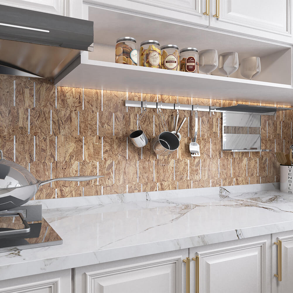 Peel and Stick Backsplash Tile Hexagon PVC Brown Wood Pattern with Gold Metal 5-Sheet