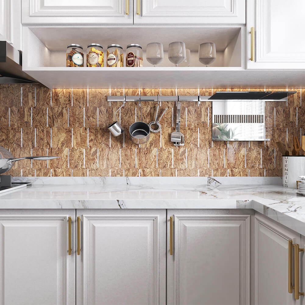 Peel and Stick Backsplash Tile Hexagon PVC Brown Wood Pattern with Gold Metal 5-Sheet