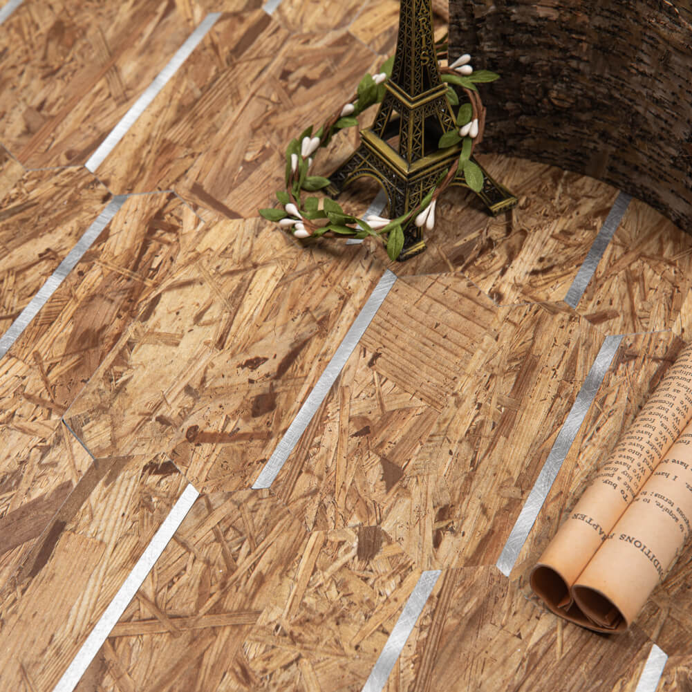 Peel and Stick Backsplash Tile Hexagon PVC Brown Wood Pattern with Gold Metal 5-Sheet