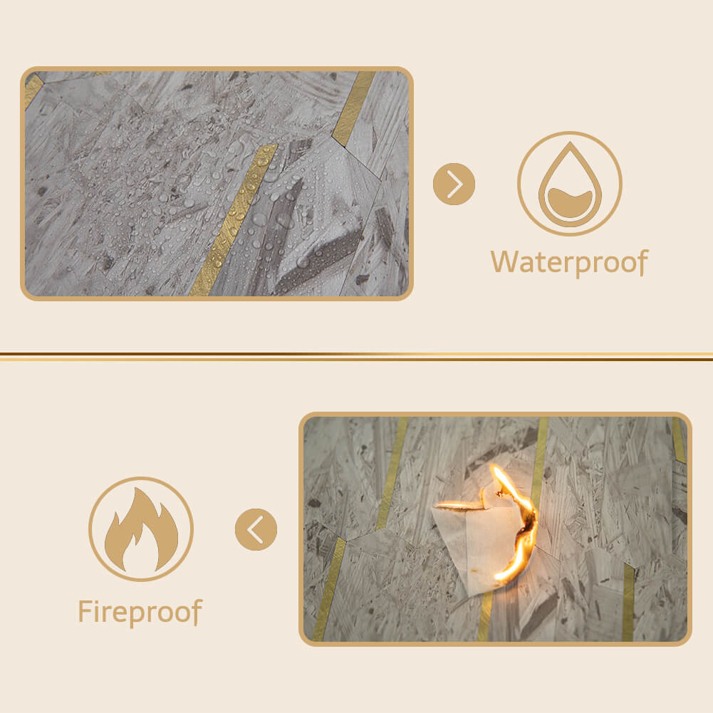 Peel and Stick Backsplash Tile Hexagon PVC White Wood Pattern with Gold Metal 5-Sheet