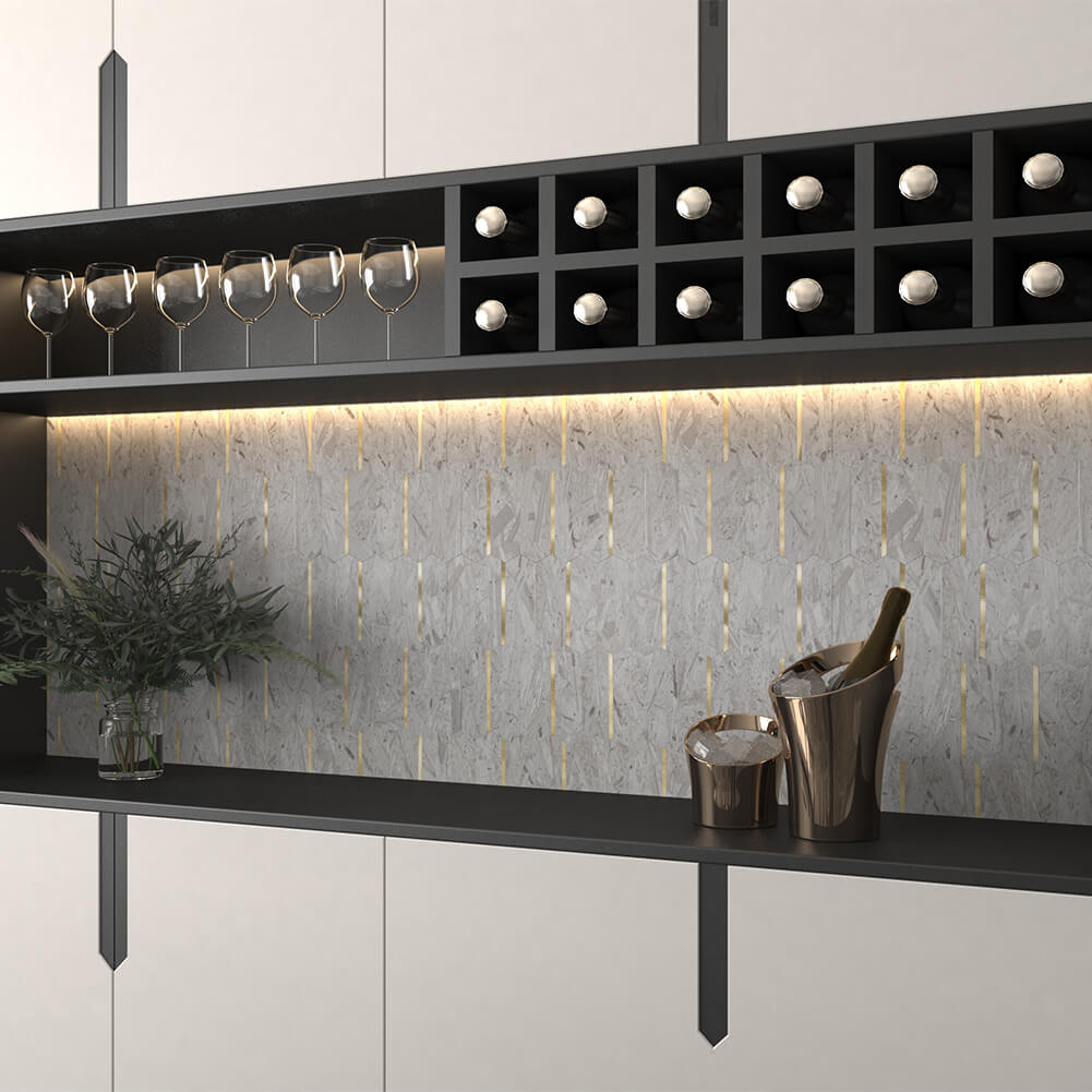 Peel and Stick Backsplash Tile Hexagon PVC White Wood Pattern with Gold Metal 5-Sheet