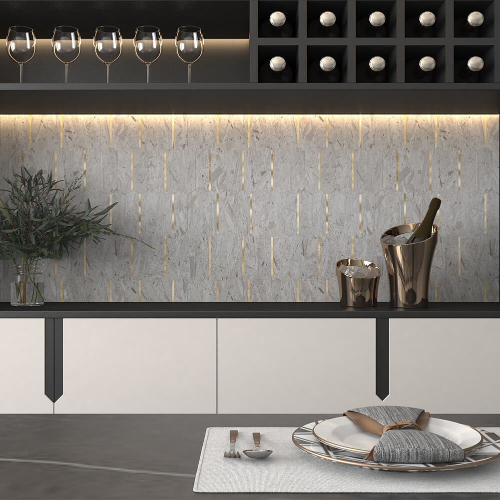 Peel and Stick Backsplash Tile Hexagon PVC White Wood Pattern with Gold Metal 5-Sheet