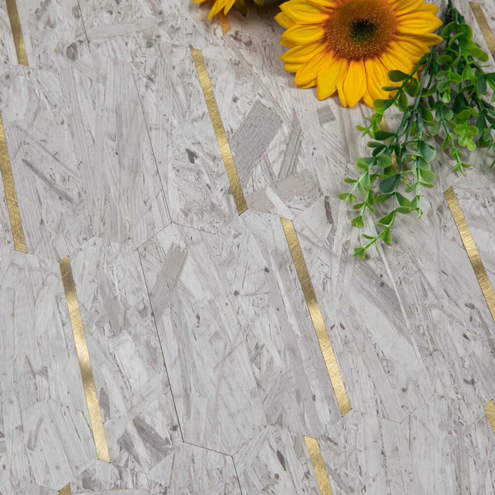 Peel and Stick Backsplash Tile Hexagon PVC White Wood Pattern with Gold Metal 5-Sheet