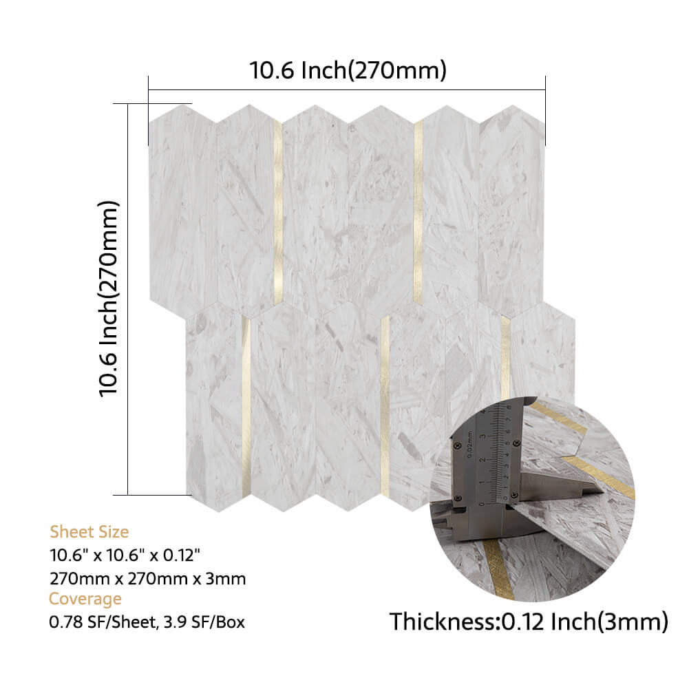 Peel and Stick Backsplash Tile Hexagon PVC White Wood Pattern with Gold Metal 5-Sheet