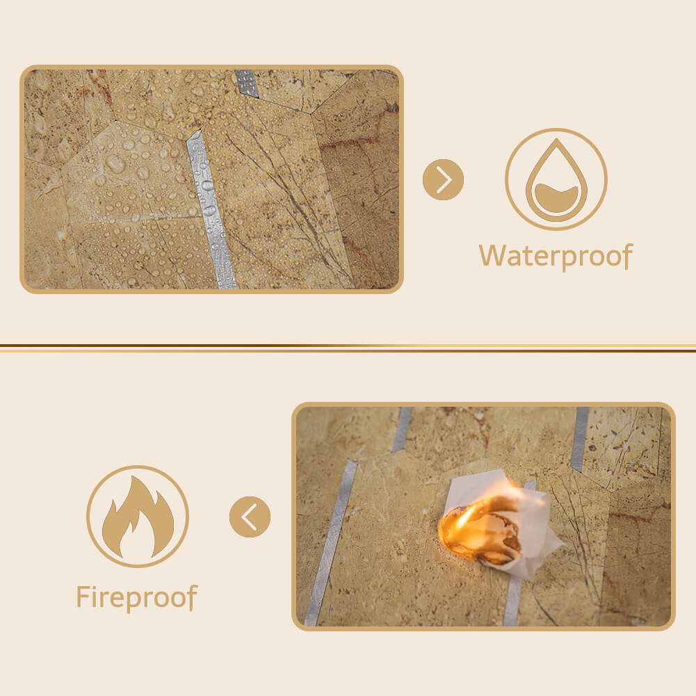 Peel and Stick Backsplash Tile Hexagon PVC Beige Marble Pattern with Gold Metal 5-Sheet