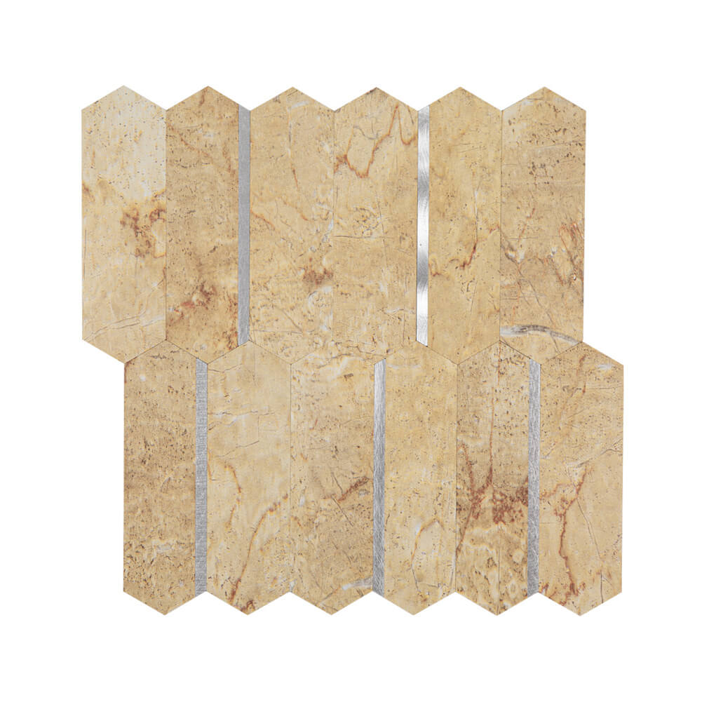 Peel and Stick Backsplash Tile Hexagon PVC Beige Marble Pattern with Gold Metal 5-Sheet