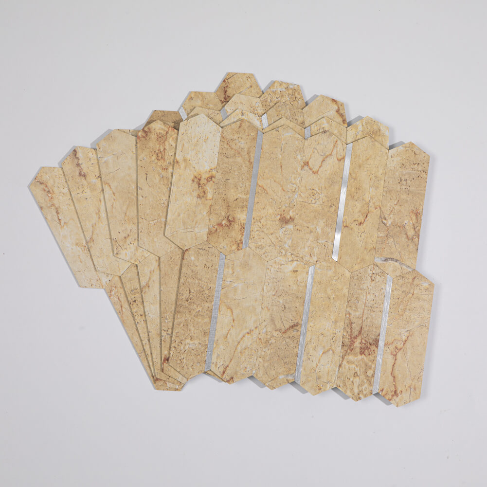 Peel and Stick Backsplash Tile Hexagon PVC Beige Marble Pattern with Gold Metal 5-Sheet
