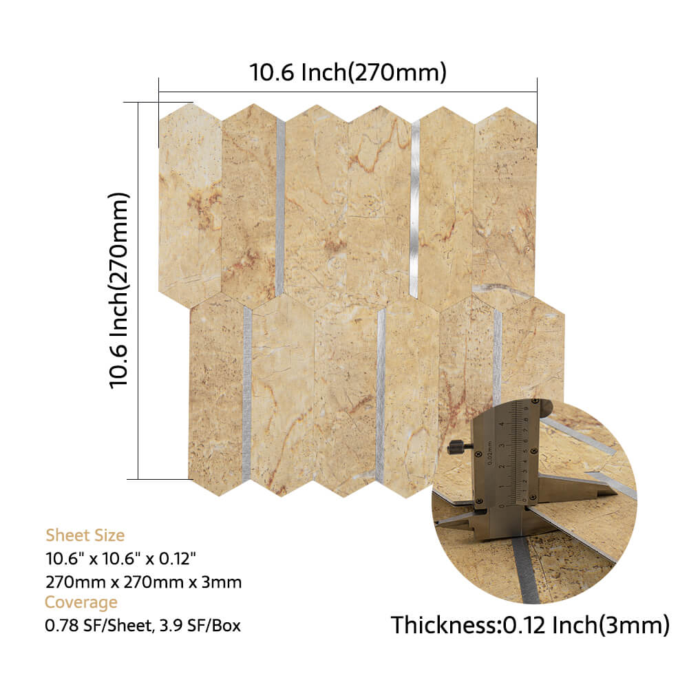 Peel and Stick Backsplash Tile Hexagon PVC Beige Marble Pattern with Gold Metal 5-Sheet