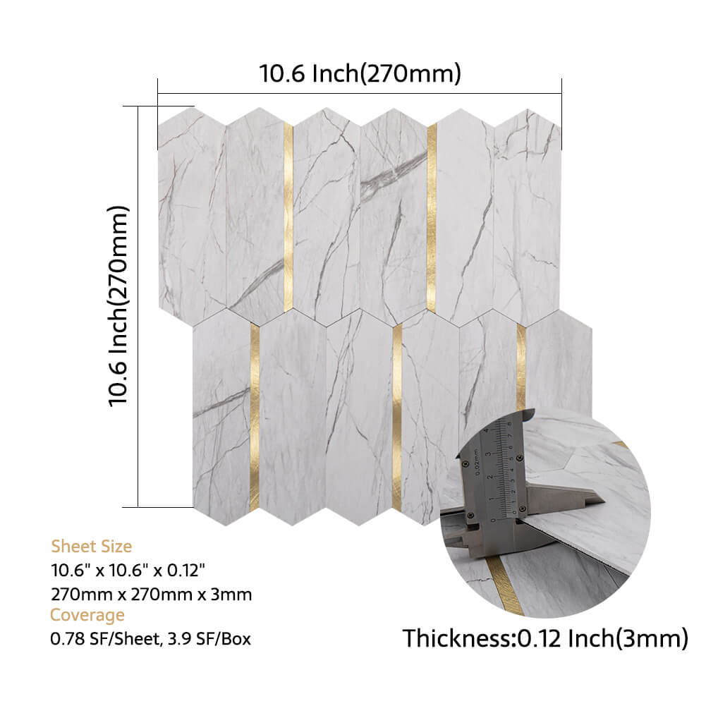 Peel and Stick Backsplash Tile Hexagon PVC White Marble Pattern with Light Gold Metal 5-Sheet