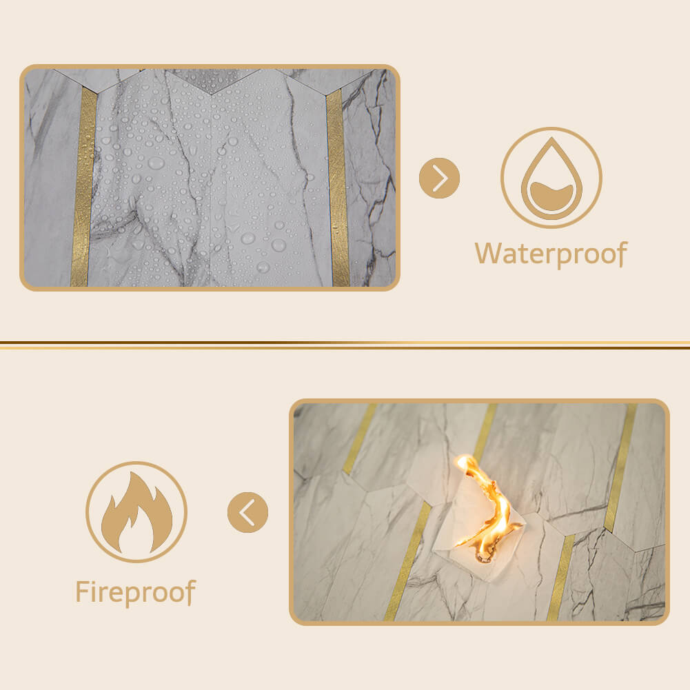 Peel and Stick Backsplash Tile Hexagon PVC White Marble Pattern with Light Gold Metal 5-Sheet
