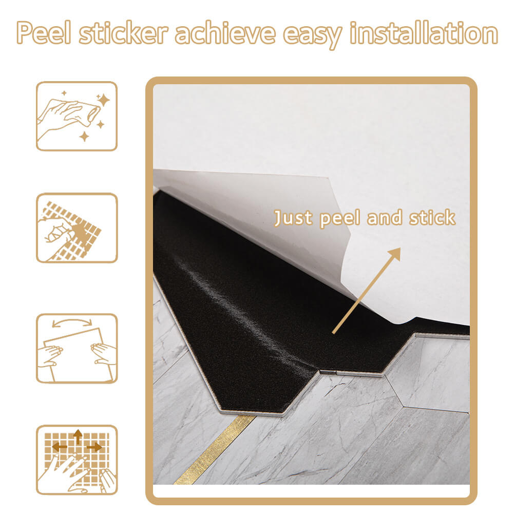 Peel and Stick Backsplash Tile Hexagon PVC White Marble Pattern with Light Gold Metal 5-Sheet