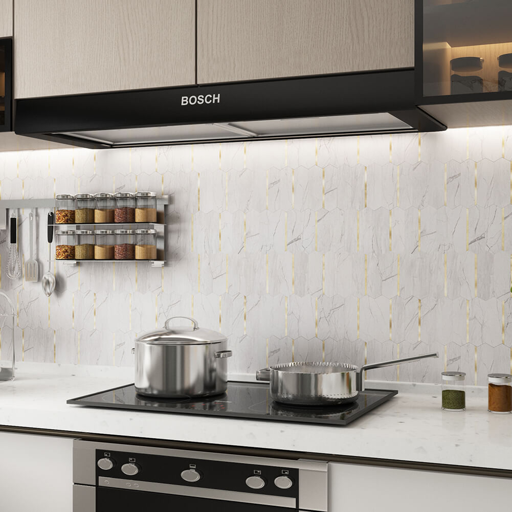 Peel and Stick Backsplash Tile Hexagon PVC White Marble Pattern with Light Gold Metal 5-Sheet