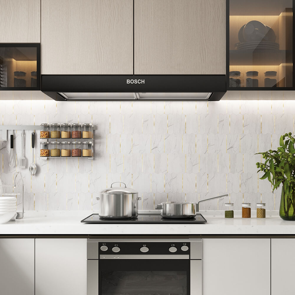 Peel and Stick Backsplash Tile Hexagon PVC White Marble Pattern with Light Gold Metal 5-Sheet