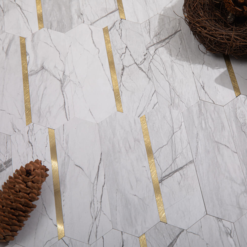 Peel and Stick Backsplash Tile Hexagon PVC White Marble Pattern with Light Gold Metal 5-Sheet