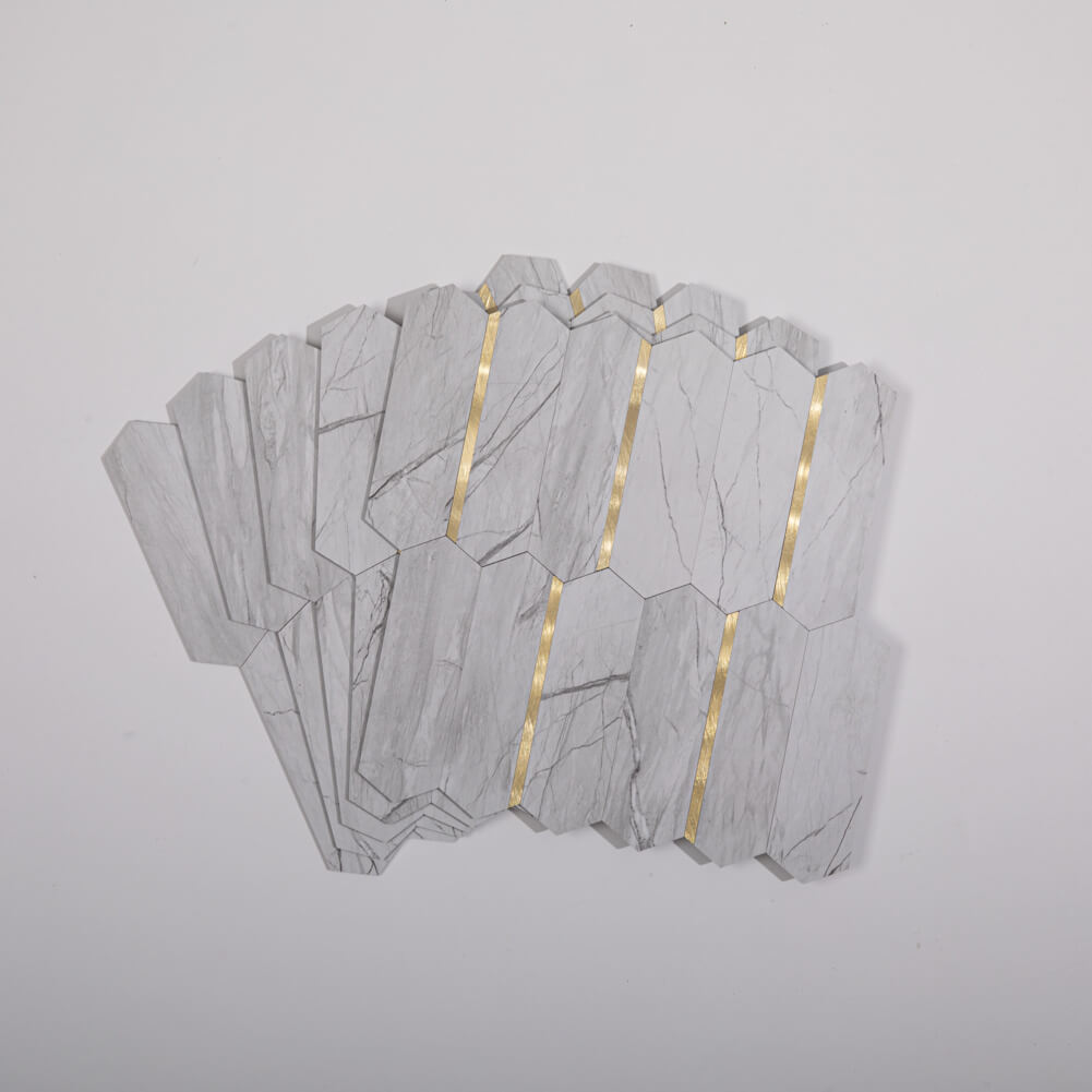 Peel and Stick Backsplash Tile Hexagon PVC White Marble Pattern with Light Gold Metal 5-Sheet