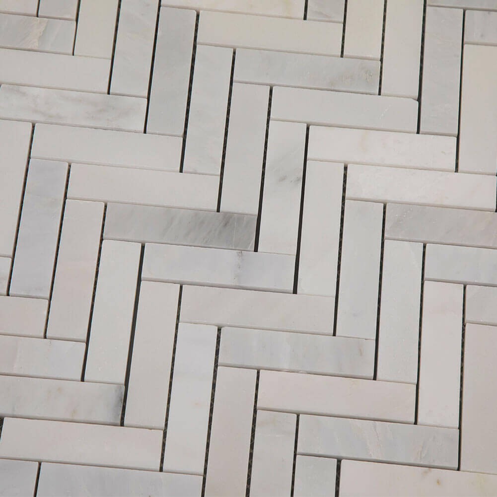 Oriental White (Eastern White) Marble 1 x 4 Herringbone Mosaic Tile Polished Pack of 5