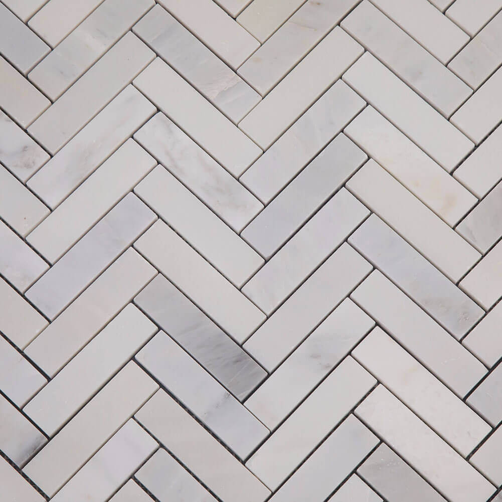 Oriental White (Eastern White) Marble 1 x 4 Herringbone Mosaic Tile Polished Pack of 5
