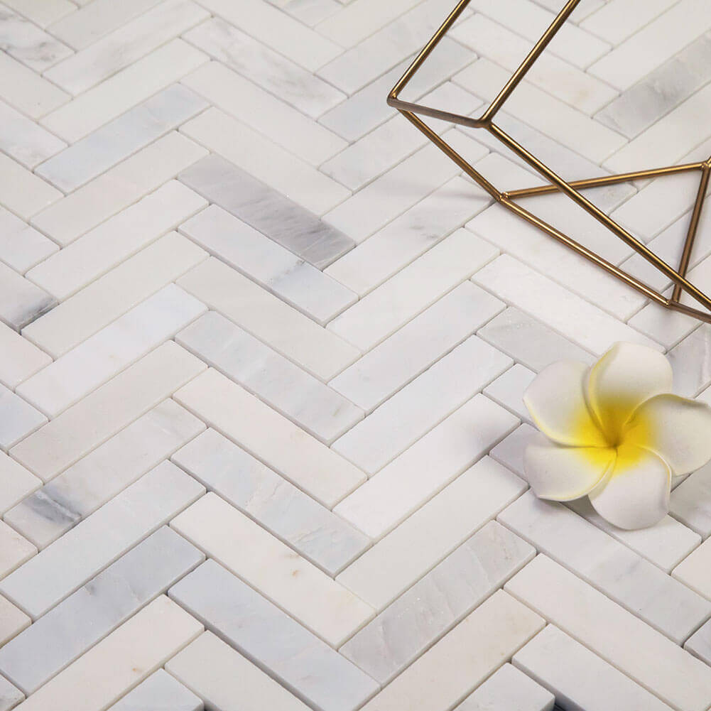 Oriental White (Eastern White) Marble 1 x 4 Herringbone Mosaic Tile Polished Pack of 5