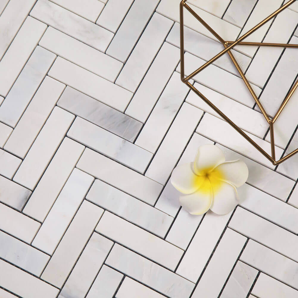 Oriental White (Eastern White) Marble 1 x 4 Herringbone Mosaic Tile Polished Pack of 5