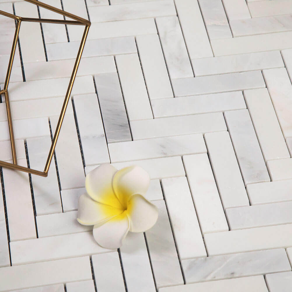 Oriental White (Eastern White) Marble 1 x 4 Herringbone Mosaic Tile Polished Pack of 5